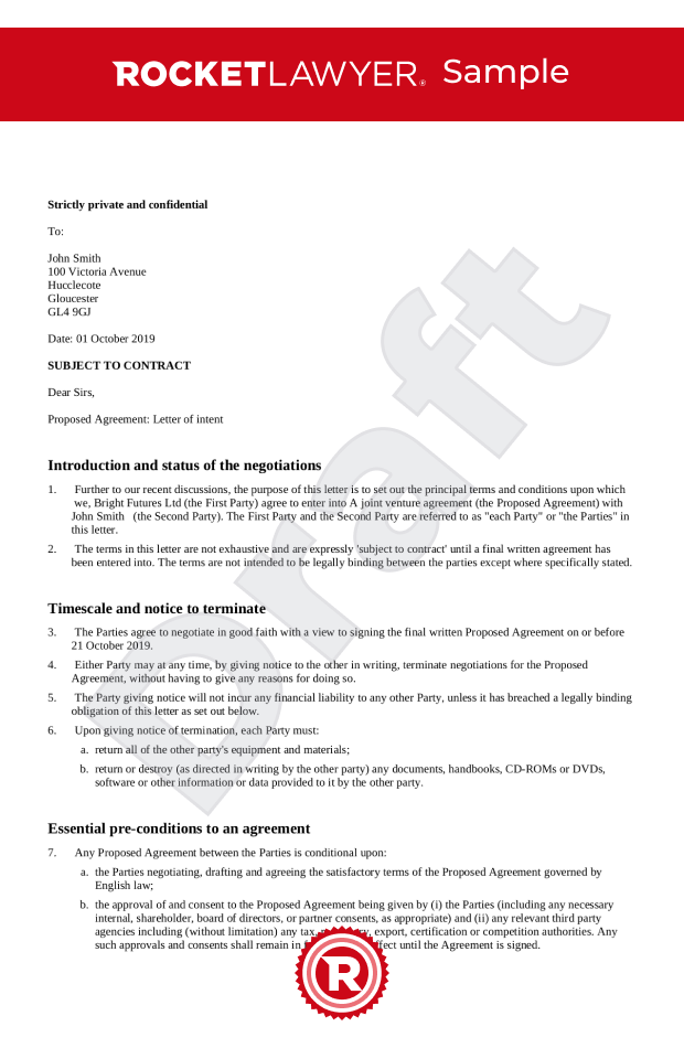 Free Letter Of Intent Template Faqs Rocket Lawyer Uk